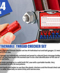 Nut And Bolt Thread Gauges Set, 44 Piece, Individually Housed In Durable Case With Handy Pockets, Inch And Metric Sizes, shown close-up with case and example gauge in use.