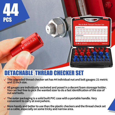 Nut And Bolt Thread Gauges Set, 44 Piece, Individually Housed In Durable Case With Handy Pockets, Inch And Metric Sizes, shown close-up with case and example gauge in use.