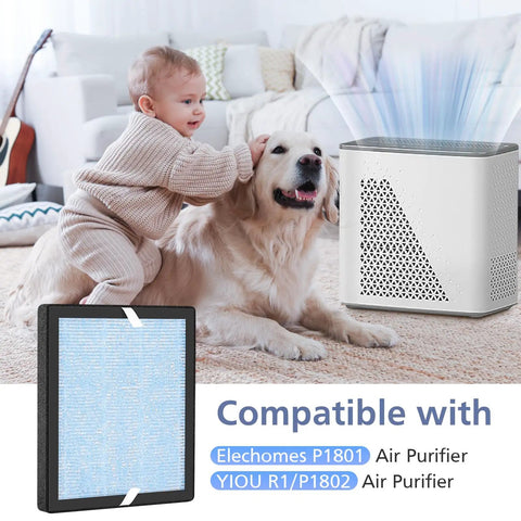 Child and dog beside air purifier with Three In One Replacement Filter For Air Purifiers Compatible With YIOU And Elechomes P1801 P1802.
