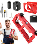 Premium Aluminum Door Hinge Jig And Lock Installation Template Kit For Dead On Router Cuts Flawless Wood Door Mortise Work Big Time Game Changer Contractors Swear By, featuring red jig and drill bits.