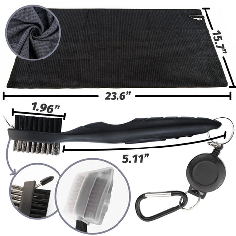 Three In One Golf Gear Kit with Microfiber Waffle Towel Clip, Golf Club Brush Groove Cleaner showing dimensions