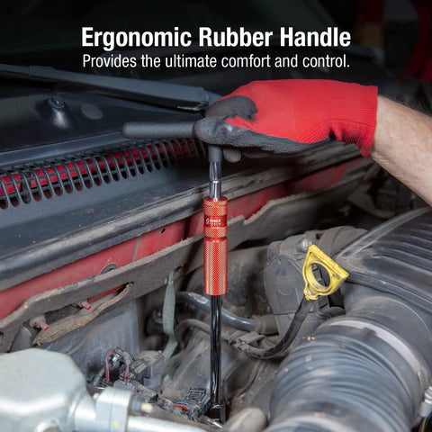 Adjustable T Handle Speed Wrench Set With Four Position Grip in use for automotive repair, ergonomic rubberized handle for comfort and control