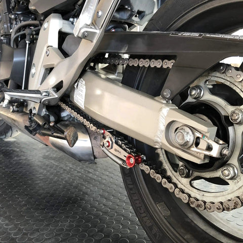 Motorcycle Chain Slack Adjuster Tool For Easy Quick And Precise Chain Slack Adjustment with Real Time Tension Indicator in use