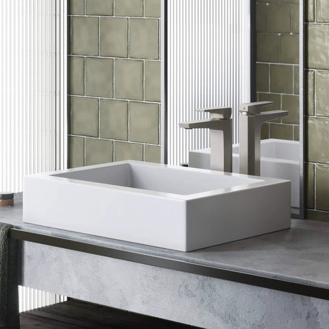 Plaisir Ceramic Rectangular Vessel Sink For Bathroom Vanity In Glossy White Slick Above Counter Install, Scratch Resistant Porcelain