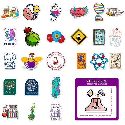 Assorted 50 Pcs Science Stickers Pack Multicolor Vinyl Decals for Physics Chemistry Biology Experiments Perfect for Laptops