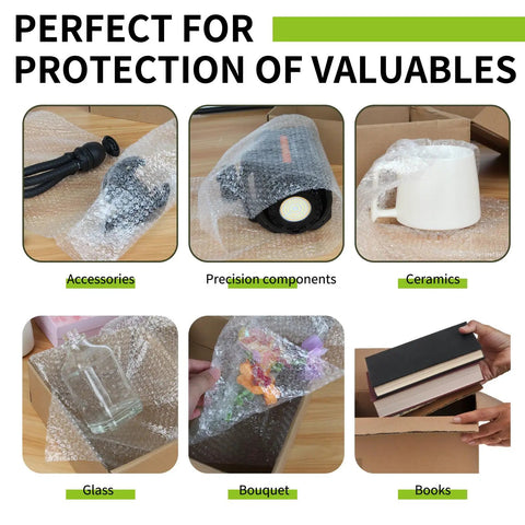 Bubble Cushioning Wrap Roll For Shipping And Moving, 12 Inch By 65 Feet, Nylon Protective Packing Material Pack Of 2, shown protecting various items like accessories, ceramics, and books.