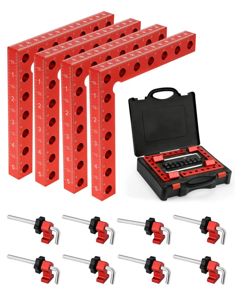 Corner Clamps For Woodworking 4 Pack 90 Degree Right Angle Squares 5.5 By 5.5 Inches with storage case and clamps visible
