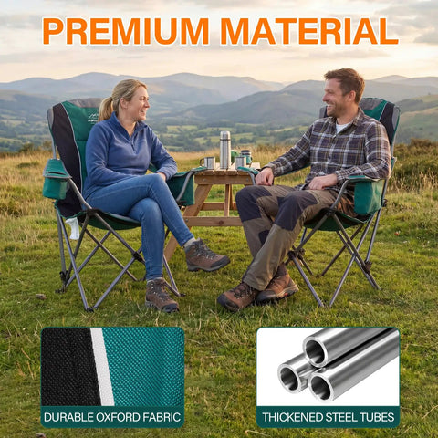 Two Pack Oversized Camping Chair Set With 3 Level Adjustable Back Ergonomic Lounge Comfort Cup Holders And Cooler Bag in outdoor setting