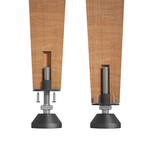 Beefy Heavy Duty Furniture Levelers With Nut Kit Adjustable Feet installed on wooden furniture legs, shown front and side view.
