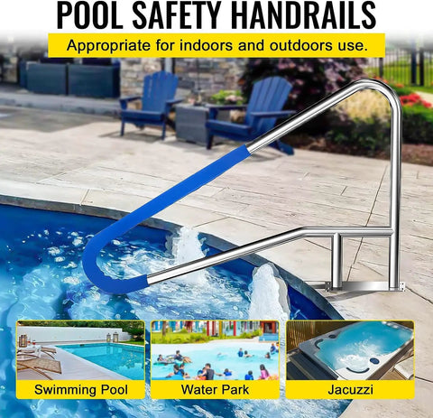 Heavy Duty Stainless Steel Pool Handrail 55 X 32 Inch Setup With Non Slip Nylon Grip near swimming pool, enhancing safety.