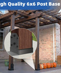 Heavy Duty 6X6 Post Base Featuring Concealed Fasteners For Smooth Kid Friendly Decks With Elevated Concrete Anchoring Support And Built Tough Steel Framing, detailed view showing black steel base and wooden post.