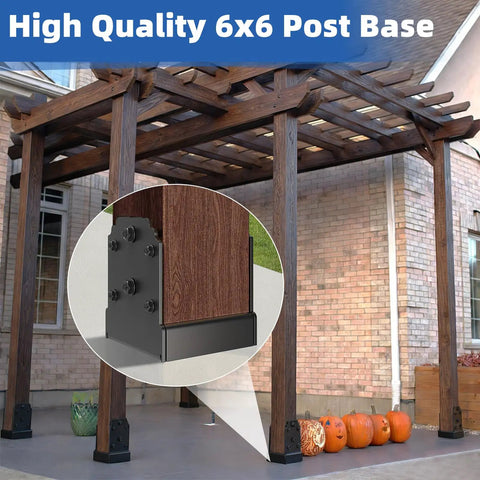 Heavy Duty 6X6 Post Base Featuring Concealed Fasteners For Smooth Kid Friendly Decks With Elevated Concrete Anchoring Support And Built Tough Steel Framing, detailed view showing black steel base and wooden post.