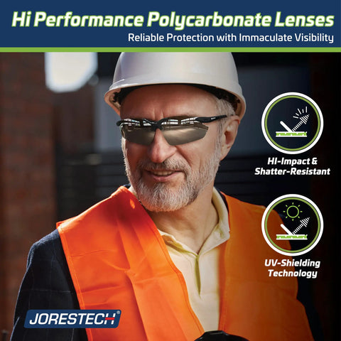 Man wearing Impact Resistant Safety Eyewear With Mirror Lenses For Work, ANSI Z87 Plus Rated, Polycarbonate Eye Protection, Black Frame