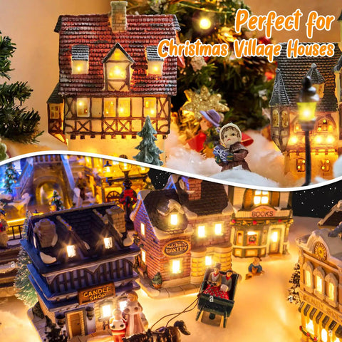 Miniature Christmas village houses lit by Clip In LED Light Cord 6ft With On Off Switch No Fuss Replacement Blow Mold Lamp Cord