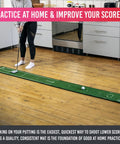 Person practicing on a Slim Home Putting Mat For Fast Smooth Roll And Lower Scores, 7.9ft By 0.82ft green rubber backed nylon surface