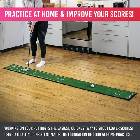 Person practicing on a Slim Home Putting Mat For Fast Smooth Roll And Lower Scores, 7.9ft By 0.82ft green rubber backed nylon surface