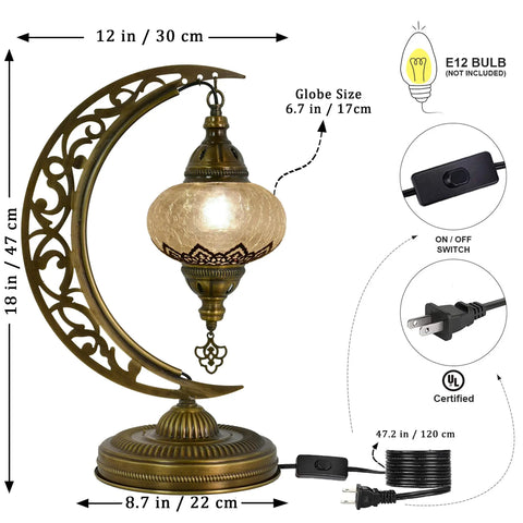 Turkish Clear Glass Moon Shape Table Lamp, Vintage Crescent Boho Chic Desk Light with dimensions and plug details.