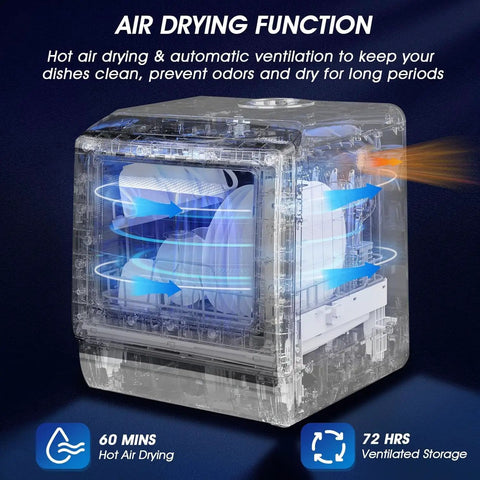 Ultra Compact Countertop Portable Dishwasher With No Hookup Setup Runs Smooth To Clean Forty Plus Dishes Fast with air drying function.