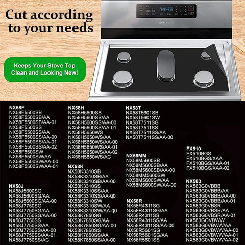 Gas stove with thick nonstick burner covers and model compatibility list, featuring Top Protector For Gas Stoves Thick Nonstick Burner Covers Reusable Washable Stove Shield Durable 0.4mm Double Layer Protector For Easy Cleanup And No Mess.