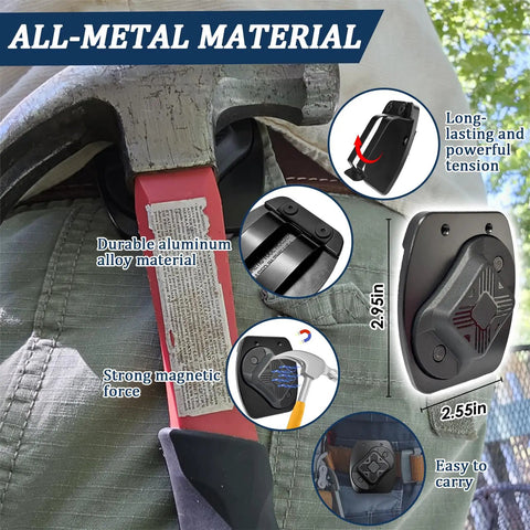 Heavy Duty Magnetic Tool Belt Clip Holster holding hammer, durable aluminum, neodymium magnets, all-metal build shown on waist
