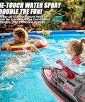 Kids playing with Remote Control Fire Rescue Boat For Kids With One Key Water Spray, Two Batteries For Up To Forty Minutes Run Time, 15 KMH High Speed RC Firefighter Boat For Pool Fun, Realistic Ladder, Lifebuoys, And Fireboat Style Play in a pool.