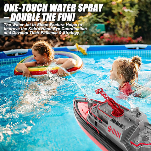 Kids playing with Remote Control Fire Rescue Boat For Kids With One Key Water Spray, Two Batteries For Up To Forty Minutes Run Time, 15 KMH High Speed RC Firefighter Boat For Pool Fun, Realistic Ladder, Lifebuoys, And Fireboat Style Play in a pool.