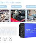 Pure Sine Wave Inverter DC 12V To AC 110V 1000W Rated 2000W Surge shown with dual sockets and USB ports, ideal for power conversion.