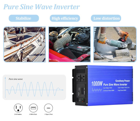 Pure Sine Wave Inverter DC 12V To AC 110V 1000W Rated 2000W Surge shown with dual sockets and USB ports, ideal for power conversion.