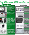 Comparison chart highlighting benefits of CNLonQcom DC Isolator Switch 32A 1500V versus other isolators, featuring locking and waterproof features.