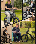750W Fat Tire Electric Bike For Adults With Wheelie Capability collage featuring various riders and settings