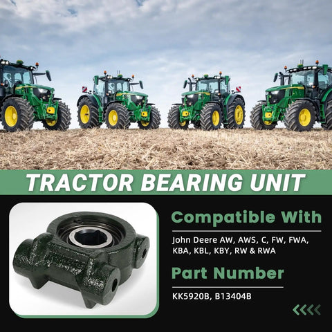 Direct Fit One And One Eighth Inch Square Disc Harrow Bearing Unit For John Deere Tractors AW AWS C FW FWA KBA KBL KBY RW RWA Pre Lubricated Sealed Bearing Smooth Rotation Durable Steel Construction Easy Install And Reliable Performance with tractors in background