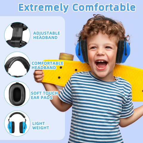 Kid Friendly Noise Canceling Headphones For Autism Ear Protection With Cushioned Headband And Soft Padding Blue on smiling child