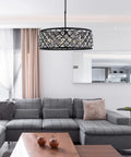 Eight Light Crystal Pendant Lamp Mocha Bronze Polished Nickel Ceiling Fixture Hand Forged Iron Grid Royal Cut Clear Glass Orbs over modern living room.