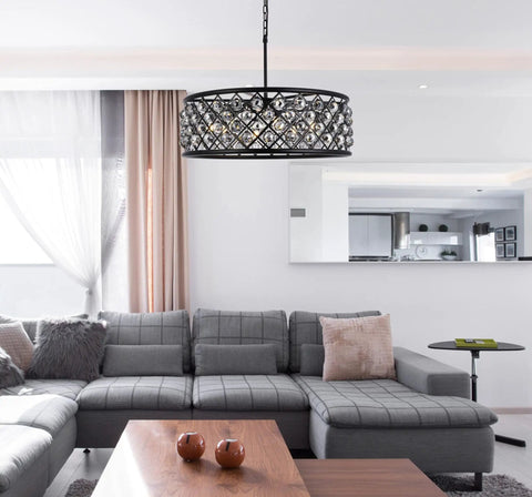 Eight Light Crystal Pendant Lamp Mocha Bronze Polished Nickel Ceiling Fixture Hand Forged Iron Grid Royal Cut Clear Glass Orbs over modern living room.