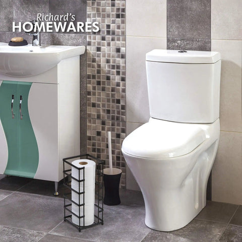 Black Free Standing Toilet Paper Holder Stand With 3 Roll Capacity Vertical Dispenser For Jumbo Mega Rolls beside toilet