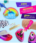 Glow In The Dark Rock Painting Kit For Kids Ages Six To Twelve Arts And Crafts Gift Set with paints, decorated rocks, and tools.