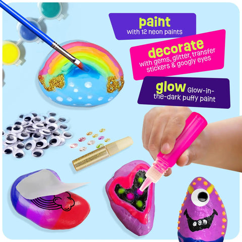 Glow In The Dark Rock Painting Kit For Kids Ages Six To Twelve Arts And Crafts Gift Set with paints, decorated rocks, and tools.