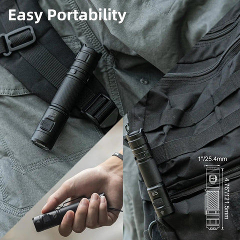 Rechargeable 1200 Lumen Tactical Flashlight With Type C Charging IP68 Waterproof 6 Light Modes 2600mAh Battery on backpack