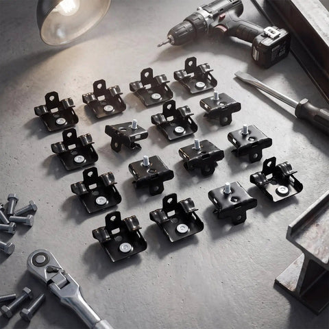 Bulk 50 Piece Workhorse Heavy Duty Hammer On Flange Clips With Threaded Stud For One Eighth To One Quarter Inch Flange Beam Clamp With Hole Cable Clip In Spring Steel Black E Coat Finish, black flange clips with threaded studs and screws