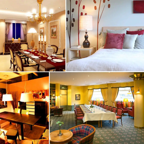 Various home settings with Smart RGB LED Light Bulbs 85W Equivalent, showcasing mood lighting in dining and bedroom areas.