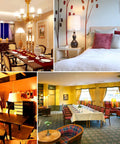 Interior decor with dining and bedroom setups featuring LED Color Changing Light Bulbs Pack of 4, 85W Equivalent, for home ambience.