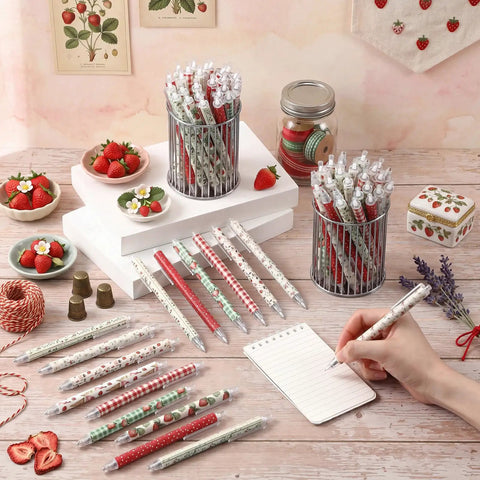 108 Pink Strawberry Themed Retractable Ballpoint Pens Bulk Set With 9 Styles Glittery, laid out around a notebook with decorative setting