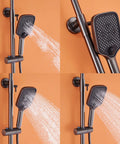 Wall Mounted Exposed Shower System with Tub Spout 90° Rotating Gun Gray featuring a handheld shower head in action.