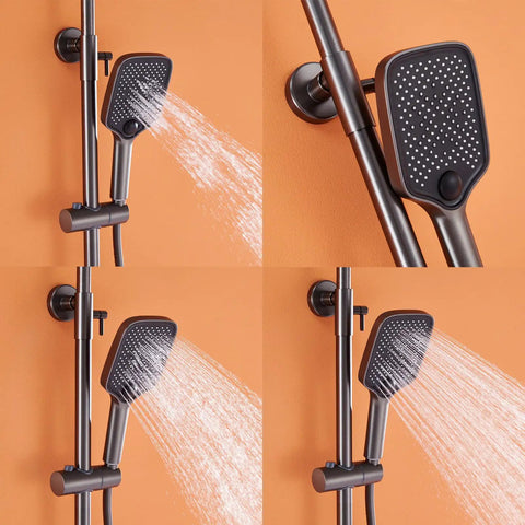 Wall Mounted Exposed Shower System with Tub Spout 90° Rotating Gun Gray featuring a handheld shower head in action.