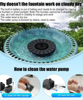 Dope Solar Bird Bath Fountain With Glass Solar Panel And Power Indicator Built In 2000mAh Battery For Fast Energy Conversion Waterproof Outdoor Garden Decor In Black Panel Easy Cleaning And Quick Operation, shown in use with water and cleaning instructions.