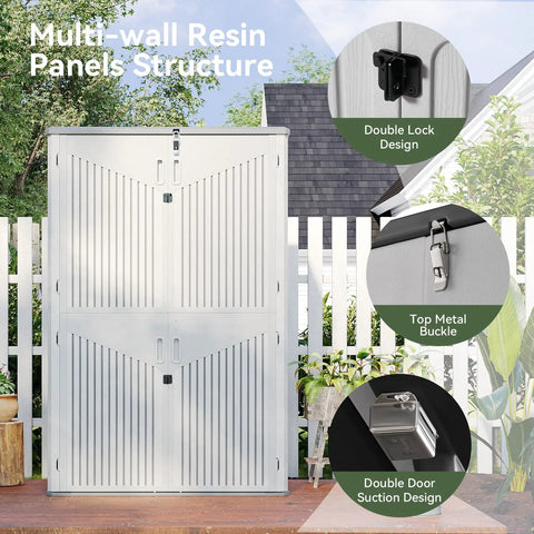 Outdoor Resin Storage Shed With Floor, 64 Cu Ft Vertical Storage Shed with multi-wall panels, four-door access, double lock.