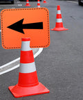 Orange traffic cone with 8 Pack Traffic Cone Arrow Signs 12.5 X 10.4 Inches Reversible Double Sided Cone Top Signs for road guidance