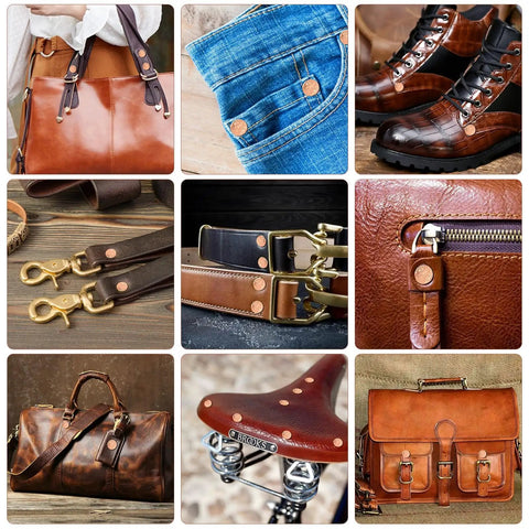 Copper Rivets And Burrs Kit For Leather Working 116 Pcs With Size 9 And Size 12 Burrs Rivet Setter Tool And Hole Punch Cutter For Belts Wallets Collars Leather Accessories used on leather bags, belts, and boots.