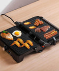 Big Panini Press Grill Sandwich Maker 3 In 1 Opens Flat To 180 Degrees For Versatile Cooking with grilled food on nonstick plates.