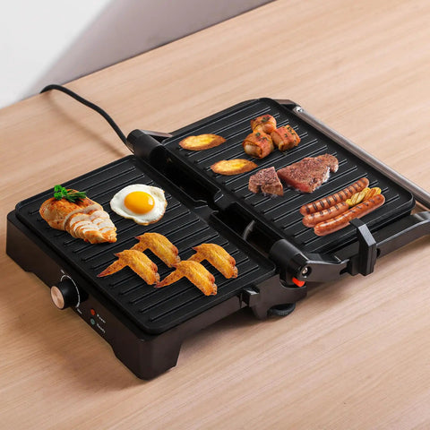 Big Panini Press Grill Sandwich Maker 3 In 1 Opens Flat To 180 Degrees For Versatile Cooking with grilled food on nonstick plates.